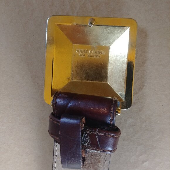 Vintage Anne Klein Oroton Brown Genuine Leather Snakeskin Gold Buckle Be… - Picture 10 of 13